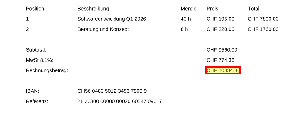 Bildausschnitt Rechnungsbetrag mit roter Markierung